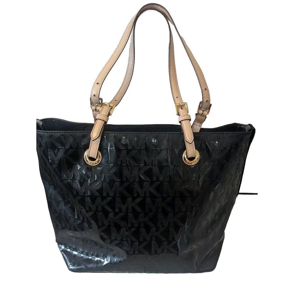 MICHAEL KORS JET SET LOGO TOTE BLACK SHINY  PATENT SHOULDER BAG